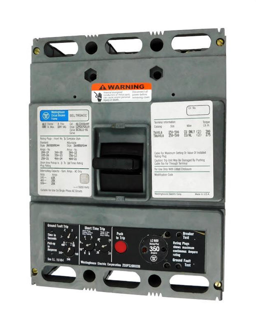 HLCGA3350 (HLCGA3600F w/350 Amp Rating Plug) HLCGA Frame Style, Molded Case Circuit Breaker, High Interrupting Capacity, LSIG Function Non-Interchangeable Trip Unit, 350 Ampere at 40 Degree Celsius, 3 Pole, 600VAC @ 50/60HZ, 600 Amp Max Frame, with 350 Amp Rating Plug Installed, with Line and Load End Terminals Standard. New Surplus and Certified Reconditioned with 1 Year Warranty.