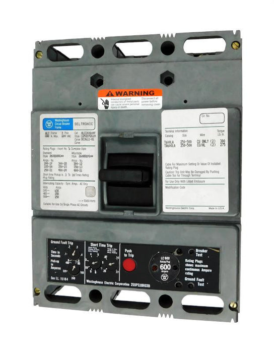 HLCGA3600 (HLCGA3600F w/600 Amp Rating Plug) HLCGA Frame Style, Molded Case Circuit Breaker, High Interrupting Capacity, LSIG Function Non-Interchangeable Trip Unit, 600 Ampere at 40 Degree Celsius, 3 Pole, 600VAC @ 50/60HZ, 600 Amp Max Frame, with 600 Amp Rating Plug Installed, with Line and Load End Terminals Standard. New Surplus and Certified Reconditioned with 1 Year Warranty.