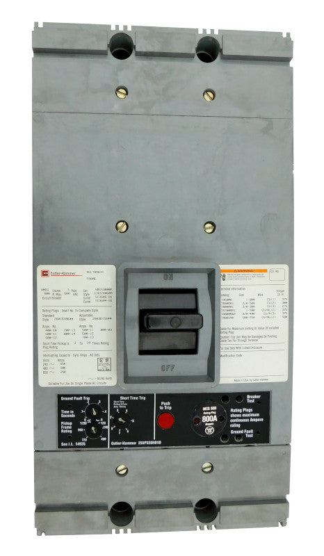 HMCG3600 HMCG Frame Style, Molded Case Circuit Breaker, Mark 75, LSG Function Non-Interchangeable Trip Unit, 3 Pole, 600VAC @ 50/60HZ, High Interrupting Style, with 600 Amp Rating Plug, Line and Load End Terminals Standard. New Surplus and Certified Reconditioned with 1 Year Warranty.