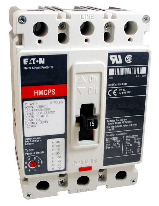 HMCPS050K2C Motor Circuit Protector (MCP), F Frame Style, Molded Case Circuit Breaker, Magnetic Non-interchangeable Trip Unit, Instantaneous-only, 50 Amperes, 3 Pole, 150-500 Trip Setting, Non-aluminum Terminals Standard, 600VAC, 250VDC Maximum. New Surplus and Certified Reconditioned with 1 Year Warranty.
