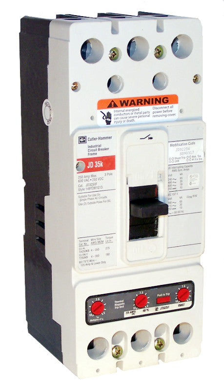 JD3090 JD Frame Style, Molded Case Circuit Breaker, Thermal Magnetic Interchangeable Trip Unit, 90 Ampere at 40 Degree Celsius, 3 Pole, 600VAC @ 50/60HZ, Interrupting Ratings: 65 Kiloampere @ 240VAC, 35 Kiloampere @ 480VAC, 18 Kiloampere @ 600VAC, 10 Kiloampere @ 250VDC. New Surplus and Certified Reconditioned with 1 Year Warranty.