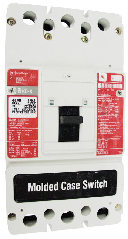 KD3400KW02 KD Frame Style, High Magnetic Molded Case Switch, 400 Ampere at 40 Degree Celsius, 3 Pole, 600VAC @ 50/60HZ, Interrupting Ratings: 65 Kiloampere @ 240VAC, 35 Kiloampere @ 480VAC, 25 Kiloampere @ 600VAC, 10 Kiloampere @ 250VDC. New Surplus and Certified Reconditioned with 1 Year Warranty.