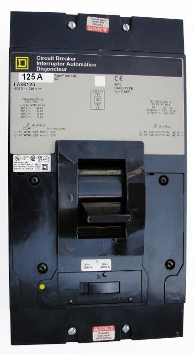 LA36125 LA (I-Line) Frame Style, Molded Case Circuit Breaker, Thermal Magnetic Non-interchangeable Trip Unit, 125 Ampere at 40 Degree Celsius, 3 Pole, Interrupting Ratings: 42 Kiloampere @ 240 VAC, 30 Kiloampere @ 480 VAC, 22 Kiloampere @ 600 VAC, 10 Kiloampere @ 250 VDC, Load End Terminals Only. New Surplus and Certified Reconditioned with 1 Year Warranty.