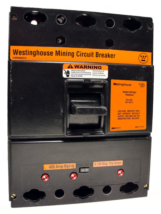 LAM3400 1125-2250 THERMAL-MAG W/ UVR L Frame Style, Molded Case Mining Circuit Breaker, Interchangeable Thermal Magnetic Trip Unit, 400 Ampere at 40 Degree Celsius, 3 Pole, 600VAC @ 50/60HZ, Interrupting Ratings: 42 Kiloampere @ 240VAC, 30 Kiloampere @ 480VAC, 22 Kiloampere @ 600VAC, 120v UVR installed, No Lugs Standard. 1 Year Warranty.