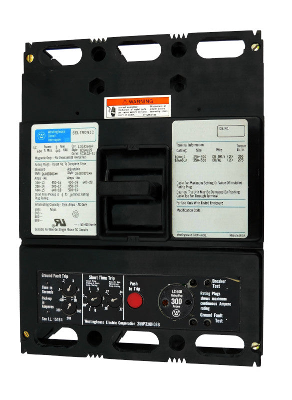 LCGA3300 (LCGA3600F w/300 Amp Rating Plug) LCGA Frame Style, Molded Case Circuit Breaker, LSIG Function Non-Interchangeable Trip Unit, 300 Ampere at 40 Degree Celsius, 3 Pole, 600VAC @ 50/60HZ, with 300 Amp Rating Plug Installed. New Surplus and Certified Reconditioned with 1 Year Warranty.