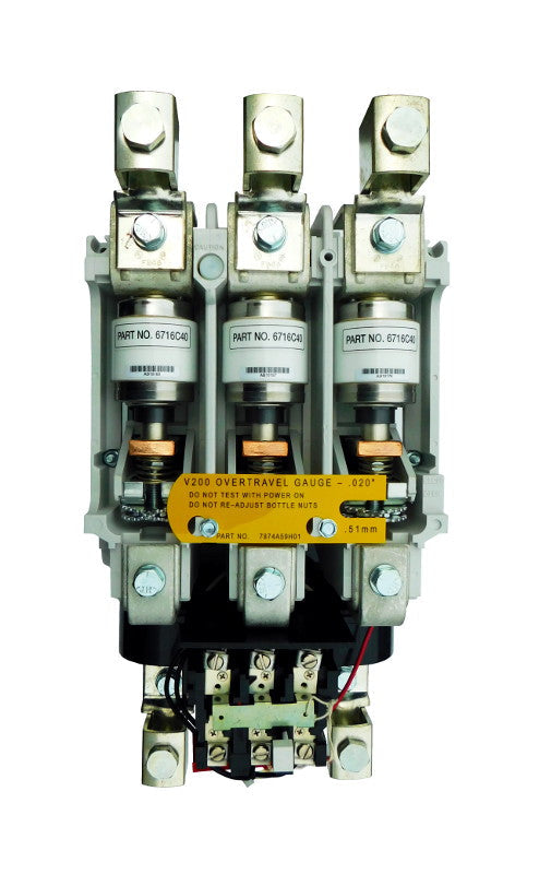 V200M5CJC Vacuum Motor Starter, Industrial Rated, NEMA Size 5, 270 Amps, 3 Poles, 110/120V AC Coil, Motor Voltage 575V AC Max, Open Style No Enclosure, Non-Reversing, Max HP Ratings: 75 @ 200VAC, 100 @ 230VAC, 150 @ 380VAC, 200 @ 460VAC, 200 @ 575VAC, Line and Load End Terminals Standard. New Surplus and Certified Reconditioned with 1 Year Warranty.