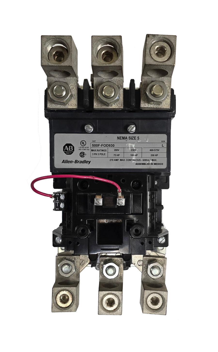 500F-FOD930 Magnetic Motor Contactor, NEMA Size 5, 270 Amps, 3 Poles, 110/120V AC Coil, Motor Voltage 575V AC Max, Open Style No Enclosure, Non-Reversing, Max HP Ratings: 75 @ 200VAC, 100 @ 230VAC, 150 @ 415VAC, 200 @ 575VAC, Line and Load End Terminals Standard. New Surplus and Certified Reconditioned with 1 Year Warranty.