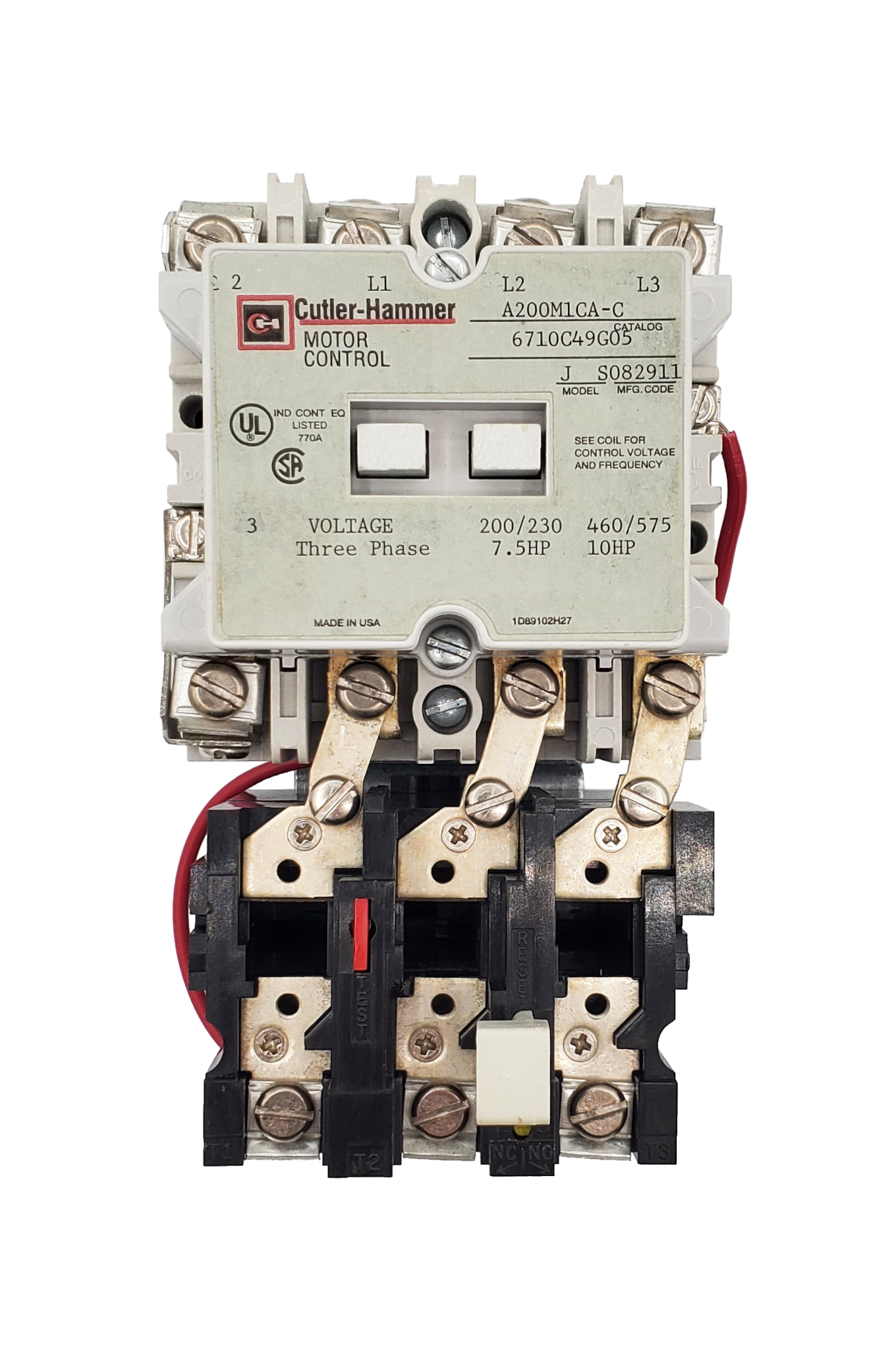A200M1CAC Magnetic Motor Starter, Nema Size 1, 27 Amps, 3 Poles, 120VAC Coil, Full Voltage 600VAC, Type B Overload Relay Standard, Open Style No Enclosure, Across the Line Starting and Stopping, Single Speed, Non-Reversing, Max HP Ratings: 2 @ 115V/1 Phase, 7 1/2 @ 208V/3 Phase, 7 1/2 @ 240V/3 Phase, 10 @ 480V/3 Phase, 10 @ 600V/3 Phase. New Surplus and Certified Reconditioned with 1 Year Warranty.