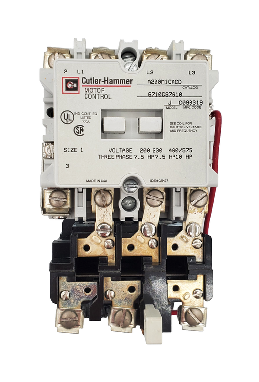 A200M1CAC Magnetic Motor Starter, Nema Size 1, 27 Amps, 3 Poles, 120VAC Coil, Full Voltage 600VAC, Ambient Compensated Overload Relay with Auto-Reset, Open Style No Enclosure, Across the Line Starting and Stopping, Single Speed, Non-Reversing. New Surplus and Certified Reconditioned with 1 Year Warranty.