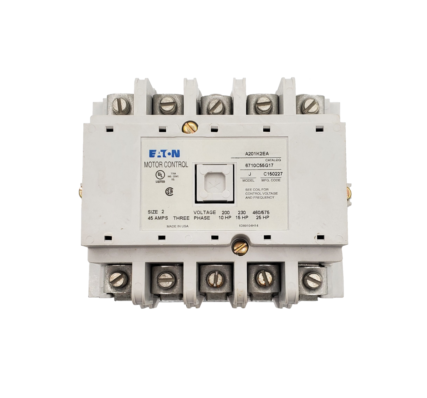 A201K2EA Magnetic Contactor, Nema Size 2, 45 Amps, 5 Poles, 120VAC Coil, Full Voltage 600VAC, Open Style No Enclosure, Across the Line Starting and Stopping, Single Speed, Non-Reversing. New Surplus and Certified Reconditioned with 1 Year Warranty. 