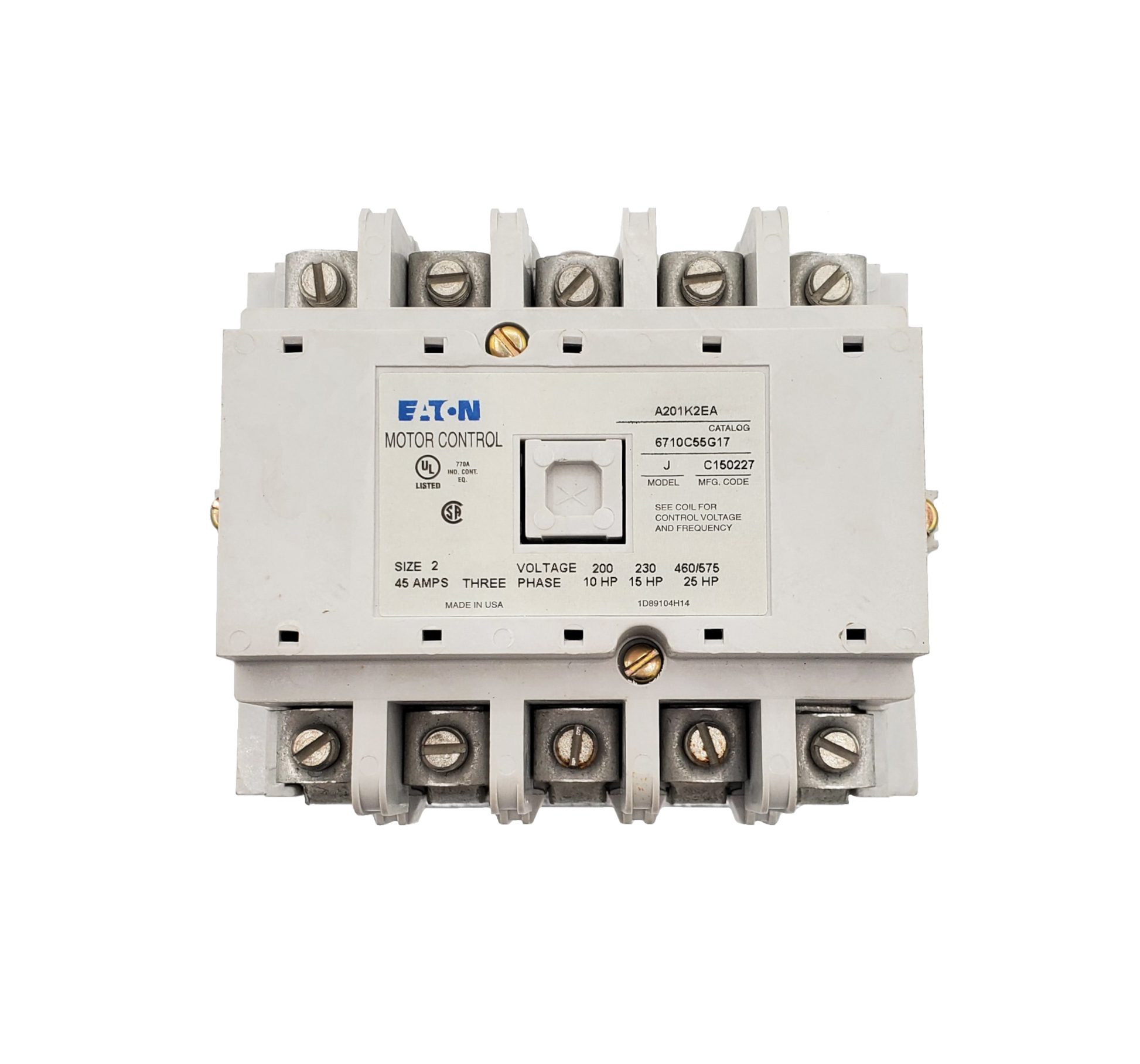 A201K2EA Magnetic Contactor, Nema Size 2, 45 Amps, 5 Poles, 120VAC Coil, Full Voltage 600VAC, Open Style No Enclosure, Across the Line Starting and Stopping, Single Speed, Non-Reversing. New Surplus and Certified Reconditioned with 1 Year Warranty. 