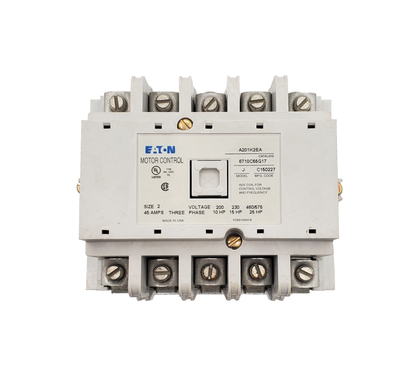A201K2EA Magnetic Contactor, Nema Size 2, 45 Amps, 5 Poles, 120VAC Coil, Full Voltage 600VAC, Open Style No Enclosure, Across the Line Starting and Stopping, Single Speed, Non-Reversing. New Surplus and Certified Reconditioned with 1 Year Warranty. 