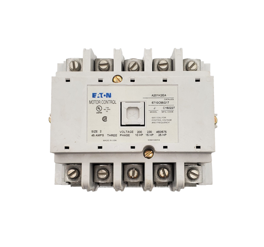 A201K2EA Magnetic Contactor, Nema Size 2, 45 Amps, 5 Poles, 120VAC Coil, Full Voltage 600VAC, Open Style No Enclosure, Across the Line Starting and Stopping, Single Speed, Non-Reversing. New Surplus and Certified Reconditioned with 1 Year Warranty. 