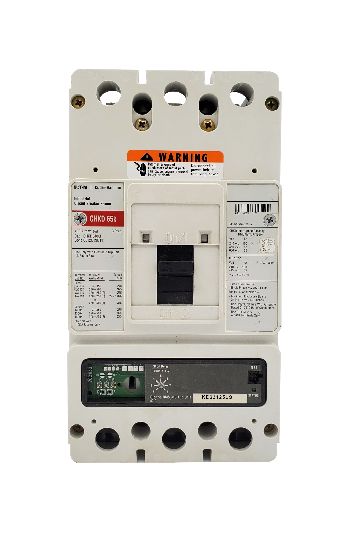 CHKD3400F w/KES3125LS (RMS 310), CHKD Frame Style, Molded Case Circuit Breaker, High Interrupting Capacity, 100% Rated, 3 Pole, 600VAC @ 50/60HZ. New Surplus and Certified Reconditioned with 1 Year Warranty.