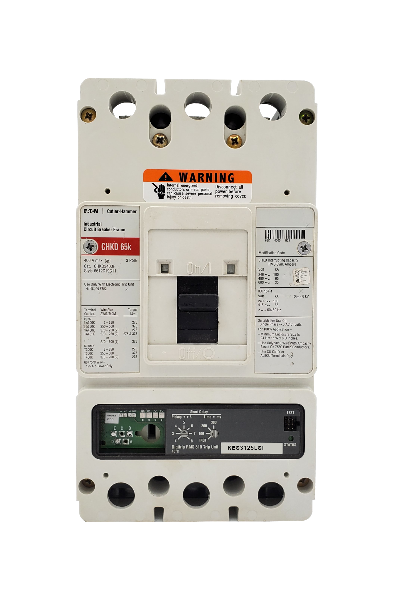 CHKD3400F w/KES3125LSI (RMS 310), CHKD Frame Style, Molded Case Circuit Breaker, High Interrupting Capacity, 100% Rated, 3 Pole, 600VAC @ 50/60HZ. New Surplus and Certified Reconditioned with 1 Year Warranty.