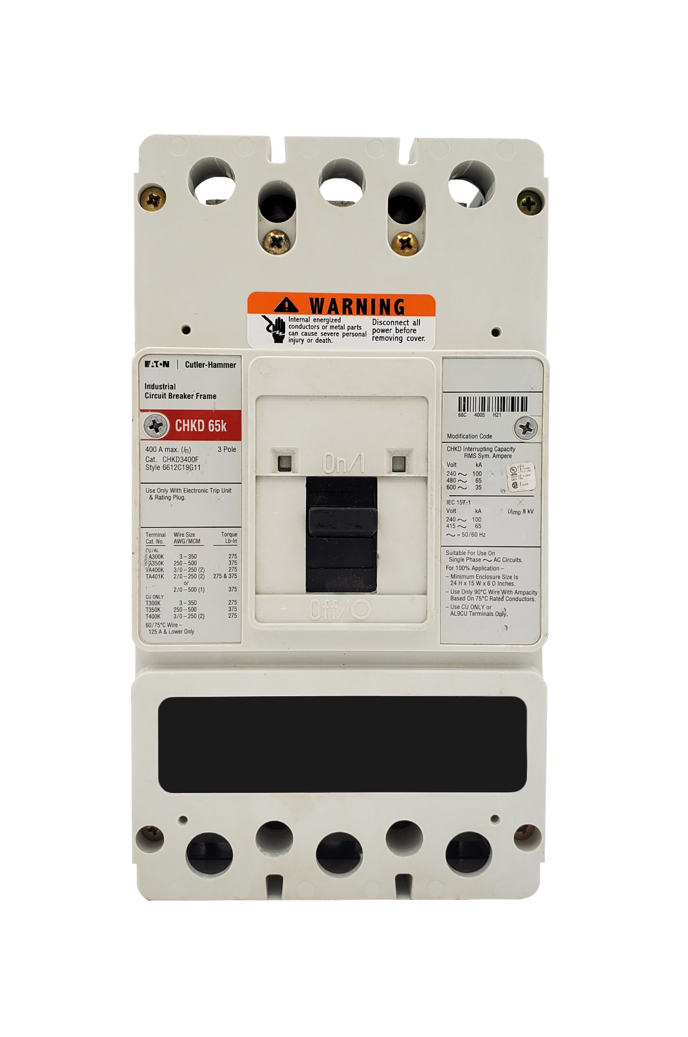 CHKD3400F (Frame Only) CHKD Frame Style, Molded Case Circuit Breaker Frame, High Interrupting Capacity, 100% Rated, Frame Only (No Trip Unit Included, Uses Electronic Trip Units Only), 3 Pole, 600VAC @ 50/60HZ. New Surplus and Certified Reconditioned with 1 Year Warranty.