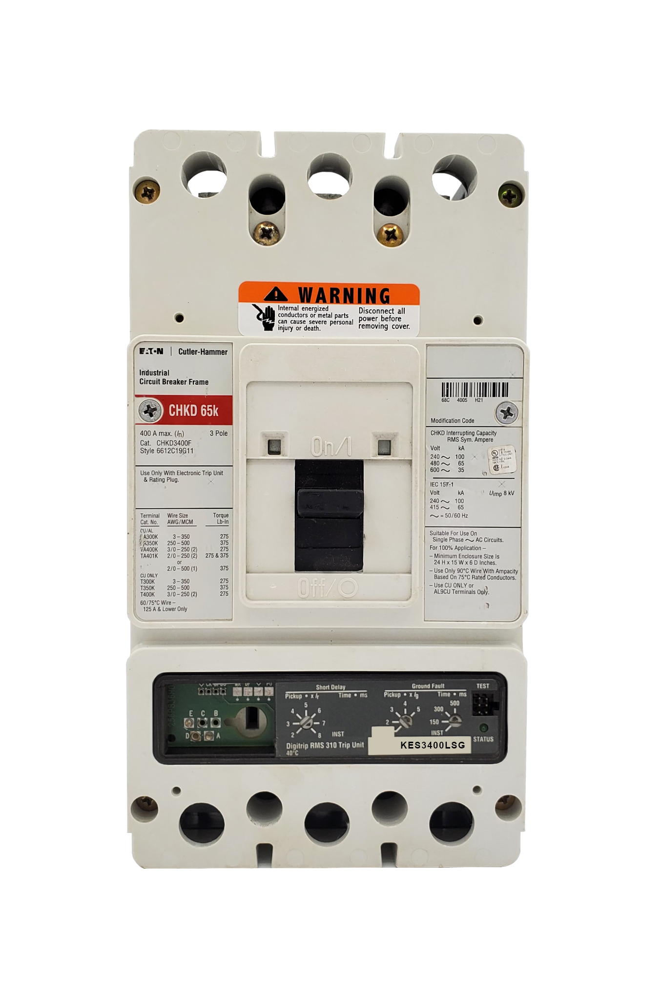 CHKD3400F w/KES3400LSG (RMS 310), CHKD Frame Style, Molded Case Circuit Breaker, High Interrupting Capacity, 100% Rated, 3 Pole, 600VAC @ 50/60HZ. New Surplus and Certified Reconditioned with 1 Year Warranty.