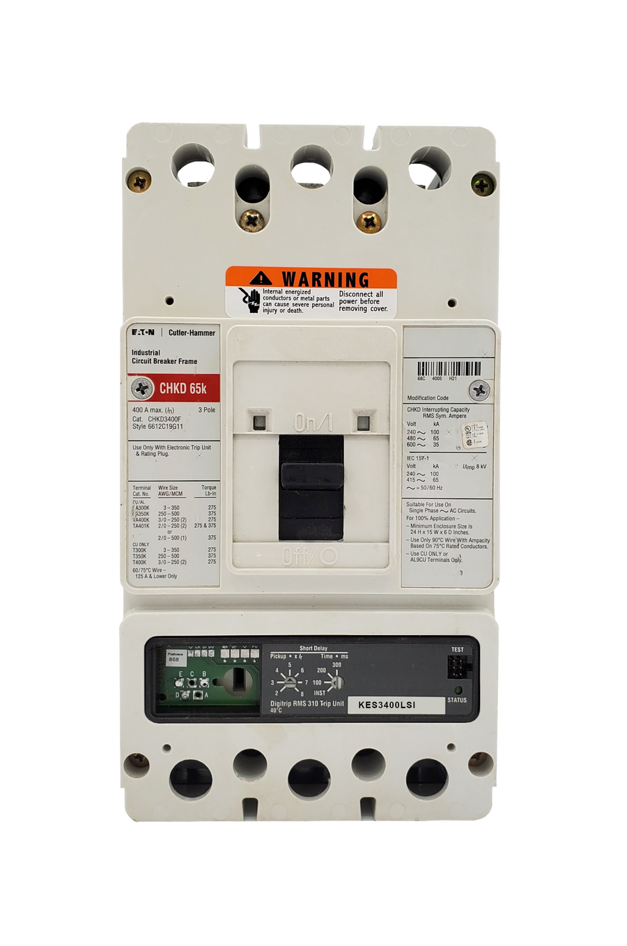 CHKD3400F w/KES3400LSI (RMS 310), CHKD Frame Style, Molded Case Circuit Breaker, High Interrupting Capacity, 100% Rated, 3 Pole, 600VAC @ 50/60HZ. New Surplus and Certified Reconditioned with 1 Year Warranty.