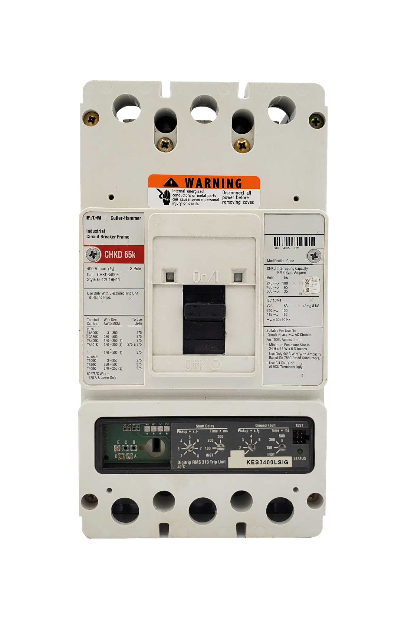 CHKD3400F w/KES3400LSIG (RMS 310), CHKD Frame Style, Molded Case Circuit Breaker, High Interrupting Capacity, 100% Rated, 3 Pole, 600VAC @ 50/60HZ. New Surplus and Certified Reconditioned with 1 Year Warranty.