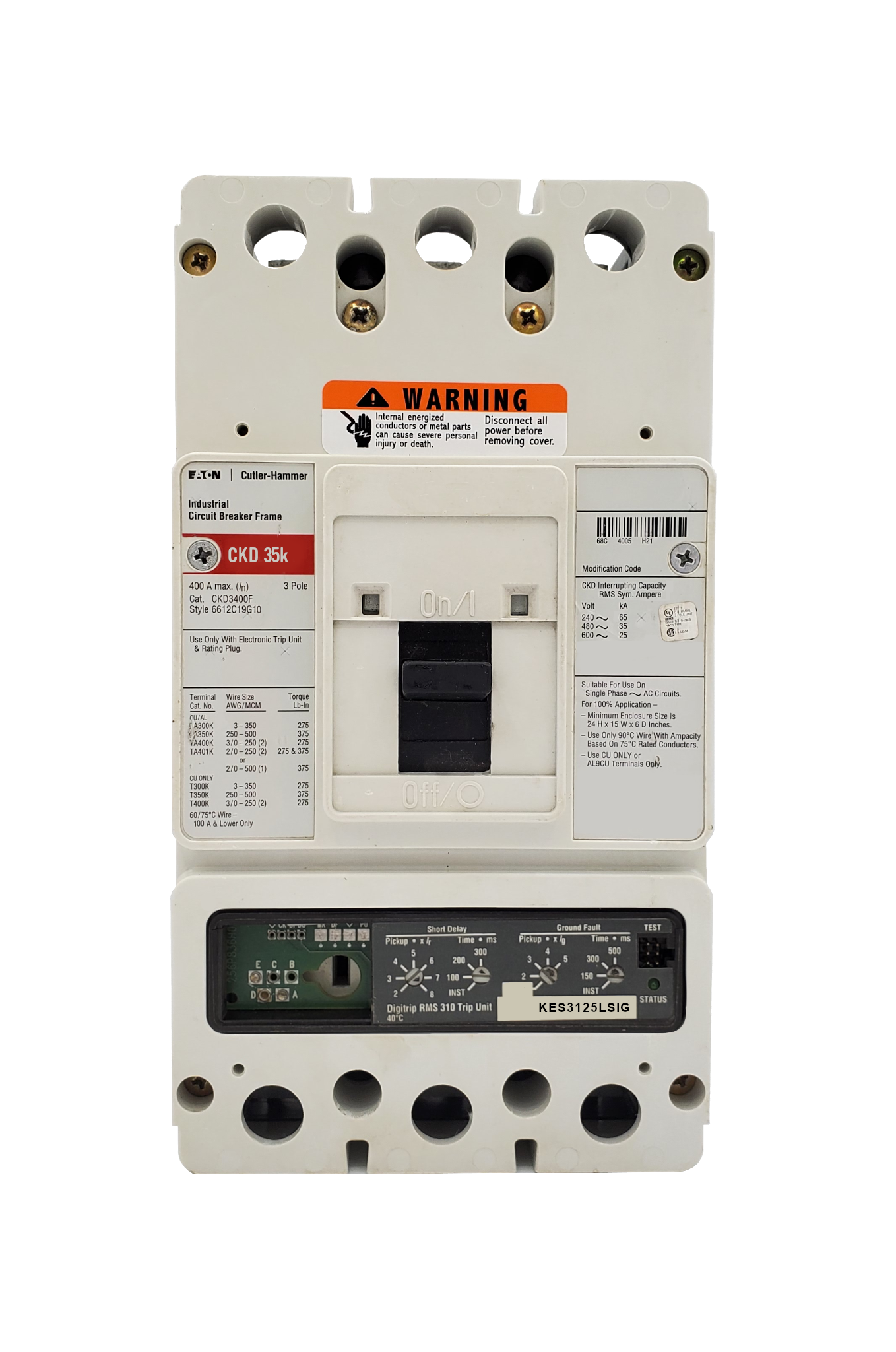 CKD3400F w/KES3125LSIG (RMS 310), Eaton / Cutler Hammer, CKD Frame Style, Molded Case Circuit Breaker, 100% Rated, Electronic Digitrip RMS 310, 125 Ampere Max at 40 Degree Celsius, Amperage Determined By Rating Plug (Uses Electronic Trip Units Only), 3 Pole, 600VAC @ 50/60HZ, Rating Plug Not Included, Without Terminals Standard.