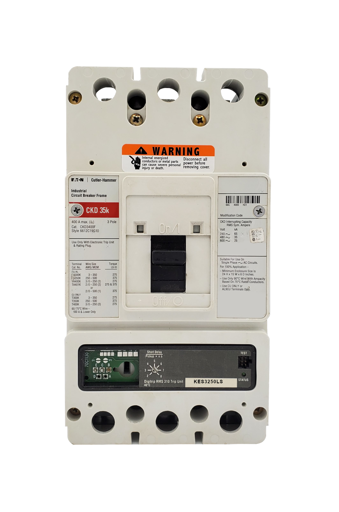 CKD3400F w/KES3250LS (RMS 310) CKD Frame Style, Molded Case Circuit Breaker, 100% Rated, Electronic Digitrip RMS 310, 250 Ampere Max at 40 Degree Celsius, Amperage Determined By Rating Plug (Uses Electronic Trip Units Only), 3 Pole, 600VAC @ 50/60HZ, Rating Plug Not Included, Without Terminals Standard.