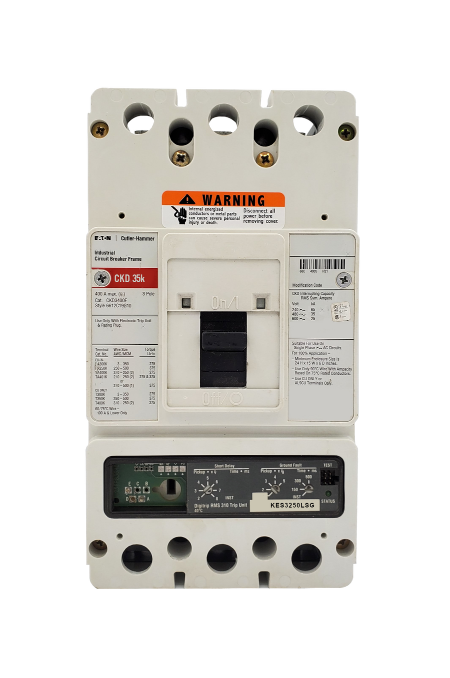 CKD3400F w/KES3250LSG (RMS 310) CKD Frame Style, Molded Case Circuit Breaker, 100% Rated, Electronic Digitrip RMS 310, 250 Ampere Max at 40 Degree Celsius, Amperage Determined By Rating Plug (Uses Electronic Trip Units Only), 3 Pole, 600VAC @ 50/60HZ, Rating Plug Not Included, Without Terminals Standard.