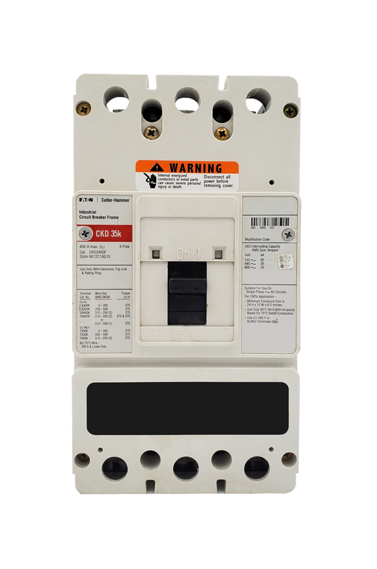 CKD3400F (Frame Only) CKD Frame Style, Molded Case Circuit Breaker Frame, 100% Rated, Frame Only (No Trip Unit Included, Uses Electronic Trip Units Only), 3 Pole, 600VAC @ 50/60HZ. New Surplus and Certified Reconditioned with 1 Year Warranty.