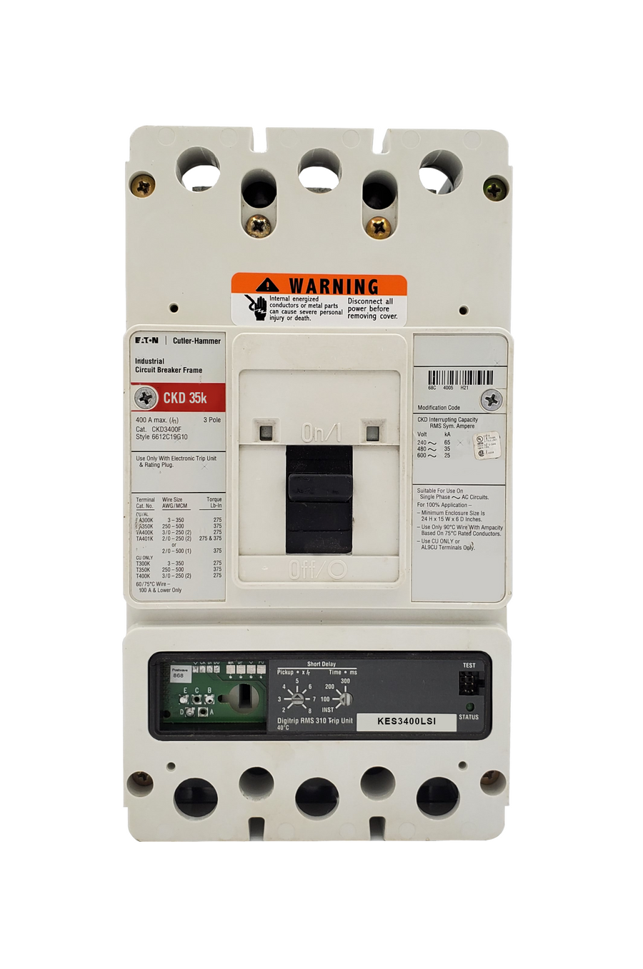 CKD3400F w/KES3400LSI (RMS 310) CKD Frame Style, Molded Case Circuit Breaker, 100% Rated, Electronic Digitrip RMS 310, 400 Ampere Max at 40 Degree Celsius, Amperage Determined By Rating Plug (Uses Electronic Trip Units Only), 3 Pole, 600VAC @ 50/60HZ, Rating Plug Not Included, Without Terminals Standard.
