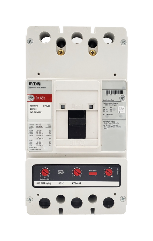 DK3400W DK Frame Style, Molded Case Circuit Breaker, Thermal Magnetic Interchangeable Trip Unit, 400 Ampere at 40 Degree Celsius, 3 Pole, 240VAC @ 50/60HZ, Interrupting Ratings: 65 Kiloampere @ 240VAC, 10 Kiloampere @ 250VDC. New Surplus and Certified Reconditioned with 1 Year Warranty.