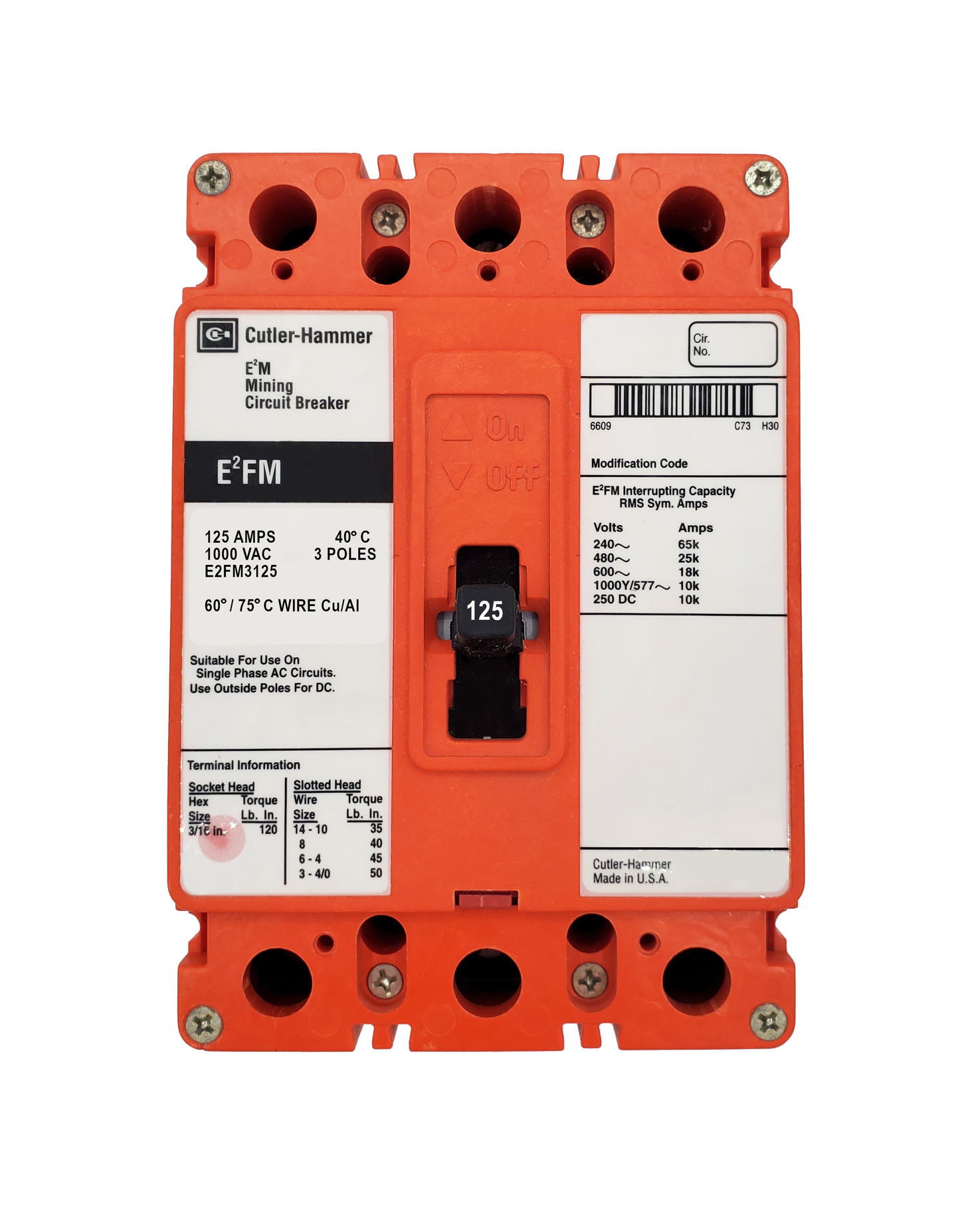 E2FM3125 E2FM Frame Style, Molded Case Mining Circuit Breaker, Non-Interchangeable Thermal Only Trip Unit, 125 Ampere at 40 Degree Celsius, 3 Pole, 1000VAC @ 50/60HZ, Line and Load End Terminals Standard. 1 Year Warranty.