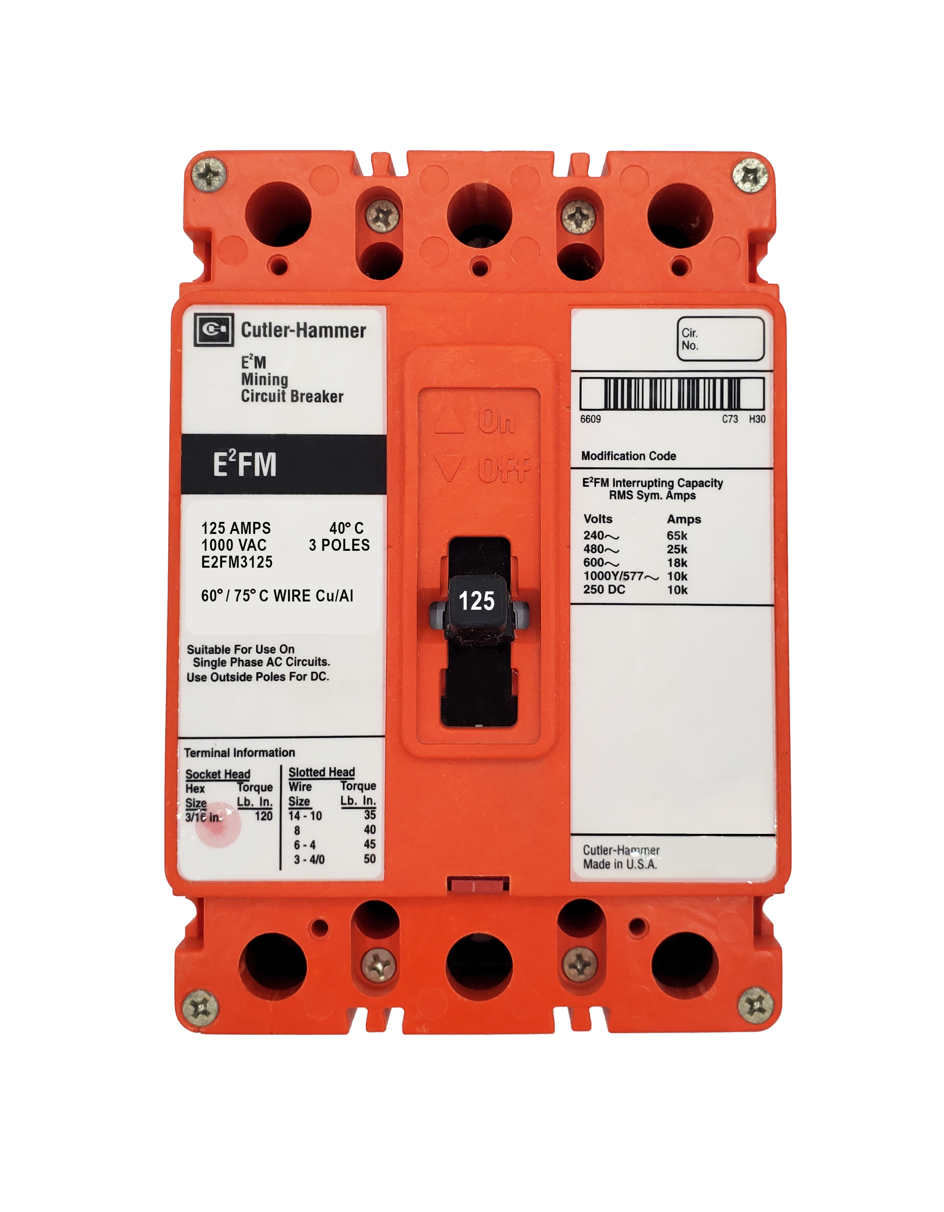 E2FM3125 E2FM Frame Style, Molded Case Mining Circuit Breaker, Non-Interchangeable Thermal Only Trip Unit, 125 Ampere at 40 Degree Celsius, 3 Pole, 1000VAC @ 50/60HZ, Line and Load End Terminals Standard. 1 Year Warranty.