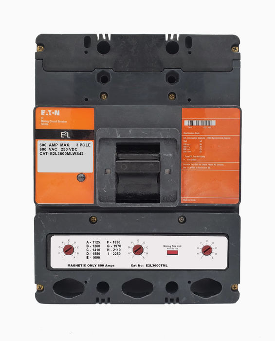 E2L3600MLWS42 E2L Frame Style, Molded Case Mining Circuit Breaker, Interchangeable Magnetic Only Trip Unit, 600 Ampere at 40 Degree Celsius, 3 Pole, 600VAC @ 50/60HZ, Without Terminals Standard. 1 Year Warranty.