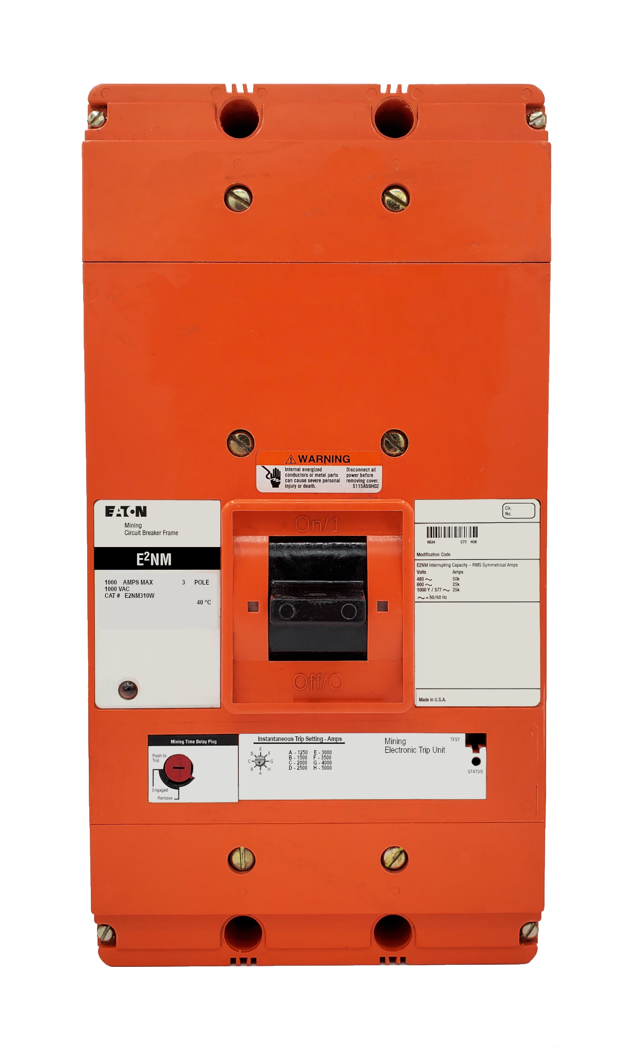 E2NM310W E2NM Frame Style, Molded Case Mining Circuit Breaker, Non-Interchangeable Thermal-Magnetic Trip Unit, 1000 Ampere at 40 Degree Celsius, 3 Pole, 1000VAC @ 50/60HZ, Interrupting Ratings: 50 Kiloampere @ 480VAC, 25 Kiloampere @ 600VAC, 25 Kiloampere @ 1000VAC. 1 Year Warranty.