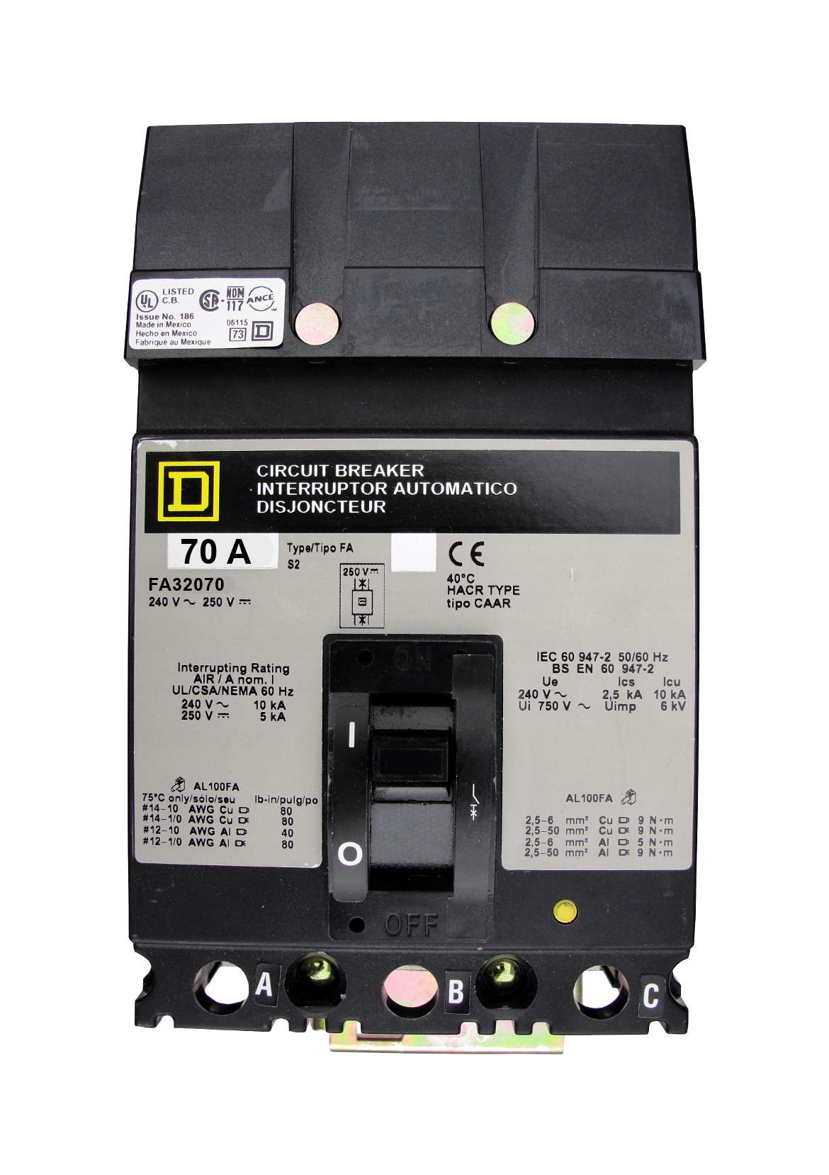 FA32070 FA (I-Line) Frame Style, Molded Case Circuit Breaker, Thermal Magnetic Non-interchangeable Trip Unit, 70 Ampere at 40 Degree Celsius, 3 Pole, Load End Terminals Standard. New Surplus and Certified Reconditioned with 1 Year Warranty.