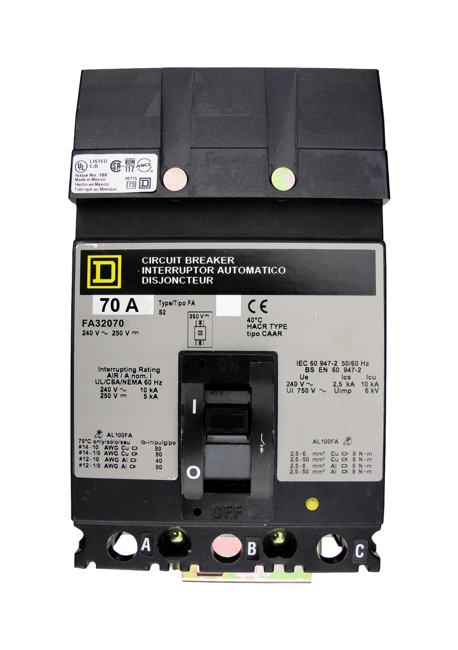 FA32070 FA (I-Line) Frame Style, Molded Case Circuit Breaker, Thermal Magnetic Non-interchangeable Trip Unit, 70 Ampere at 40 Degree Celsius, 3 Pole, Load End Terminals Standard. New Surplus and Certified Reconditioned with 1 Year Warranty.