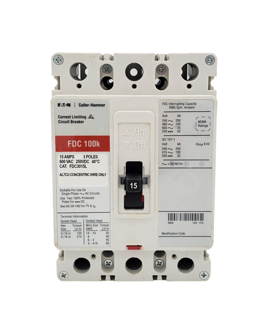 FDC3015L FDC Frame Style, Molded Case Circuit Breaker, Thermal Magnetic Non-interchangeable Trip Unit, 15 Ampere at 40 Degree Celsius, 3 Pole, 600VAC @ 50/60HZ, Interrupting Ratings: 200 Kiloampere @ 240VAC, 100 Kiloampere @ 480VAC, 35 Kiloampere @ 600VAC. New Surplus and Certified Reconditioned with 1 Year Warranty.