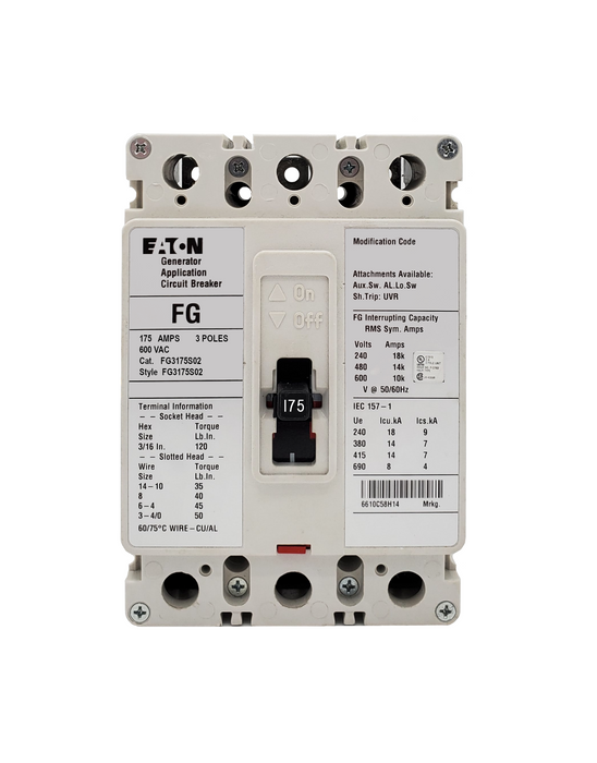 FG3175S02 EG Frame Style, Molded Case Circuit Breaker, Thermal Magnetic Non-interchangeable Trip Unit, 175 Ampere at 40 Degree Celsius, 3 Pole, 600VAC @ 50/60HZ, Line and Load End Terminals Standard. New Surplus and Certified Reconditioned with 1 Year Warranty.