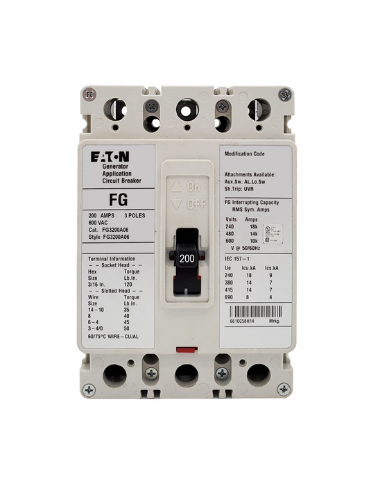 FG3200A06 EG Frame Style, Molded Case Circuit Breaker, Thermal Magnetic Non-interchangeable Trip Unit, 200 Ampere at 40 Degree Celsius, 3 Pole, 600VAC @ 50/60HZ, Line and Load End Terminals Standard. New Surplus and Certified Reconditioned with 1 Year Warranty.