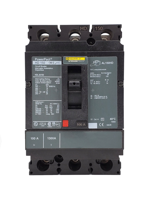 HDL36100 (PowerPact) Frame Style, Molded Case Circuit Breaker, Thermal Magnetic Trip Unit, 100 Ampere at 40 Degree Celsius, 3 Pole, With Terminals Standard. New Surplus and Certified Reconditioned with 1 Year Warranty.