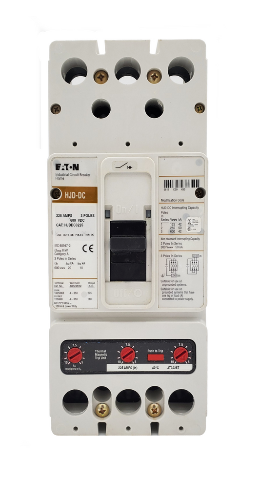 HJDDC3225 HJDDC Frame Style, Molded Case Circuit Breaker, High Interrupting Capacity, DC Rated, Thermal Magnetic Interchangeable Trip Unit, 225 Ampere at 40 Degree Celsius, 3 Pole, 600VDC @ 50/60HZ, Aluminum Line and Load End Terminals Standard. New Surplus and Certified Reconditioned with 1 Year Warranty.