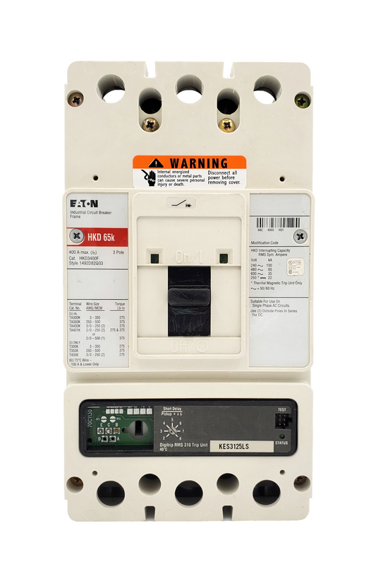 HKD3400F w/ KES3125LS (RMS 310) HKD Frame Style, Molded Case Circuit Breaker, High Interrupting Capacity, Electronic Digitrip RMS 310, 125 Ampere Max at 40 Degree Celsius, Amperage Determined By Rating Plug, 3 Pole, 600VAC @ 50/60HZ, Rating Plug Not Included, Without Terminals Standard