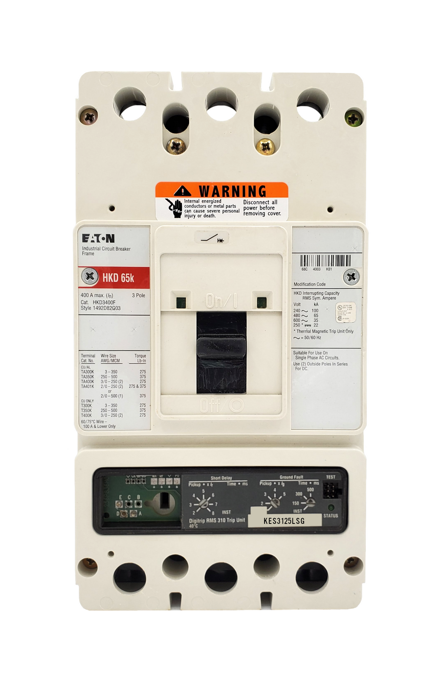 HKD3400F w/KES3125LSG - HKD3125FT35W (RMS 310) HKD Frame Style, Molded Case Circuit Breaker, High Interrupting Capacity, Electronic Digitrip RMS 310, 125 Ampere Max at 40 Degree Celsius, Amperage Determined By Rating Plug, 3 Pole, Without Terminals Standard. New Surplus and Certified Reconditioned with 1 Year Warranty.