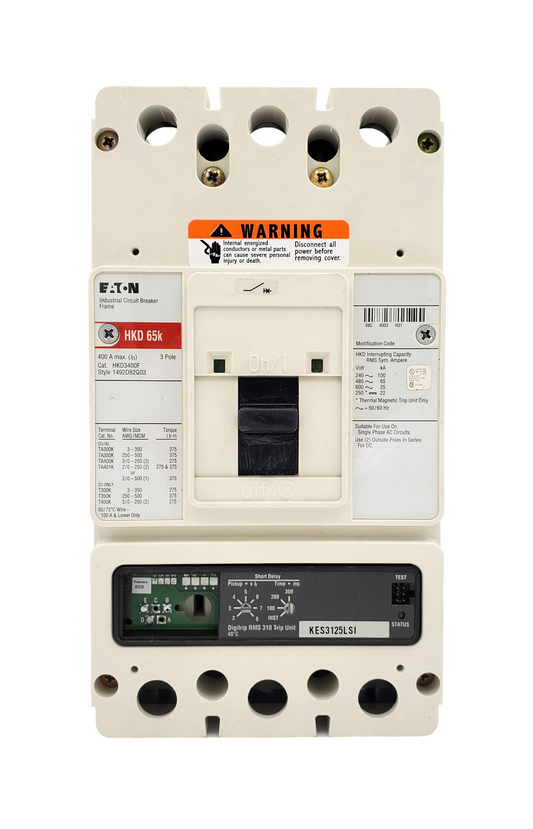 HKD3400F w/KES3125LSI - HKD3125FT32W (RMS 310) HKD Frame Style, Molded Case Circuit Breaker, Electronic Digitrip RMS 310, 125 Ampere Max at 40 Degree Celsius, Amperage Determined By Rating Plug, High Interrupting Capacity, 3 Pole, Rating Plug Not Included, Without Terminals Standard. New Surplus and Certified Reconditioned with 1 Year Warranty.