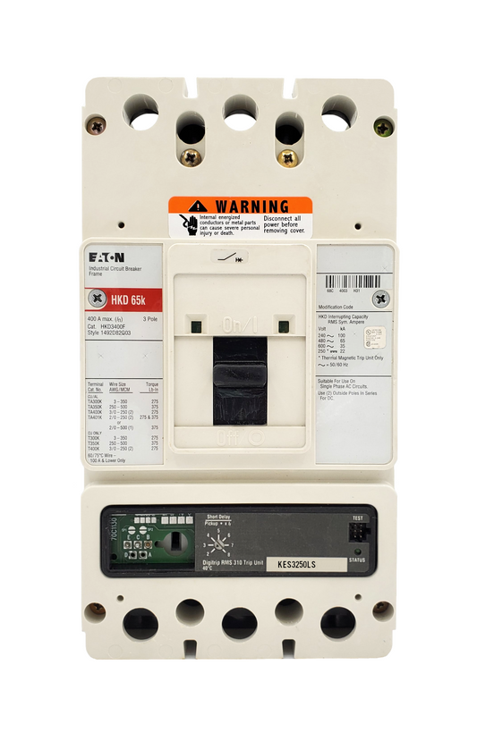 HKD3400F w/KES3250LS HKD Frame Style, Molded Case Circuit Breaker, High Interrupting Capacity, Electronic Digitrip RMS 310, 250 Ampere Max at 40 Degree Celsius, Amperage Determined By Rating Plug, 3 Pole, 600VAC @ 50/60HZ, Rating Plug Not Included, Without Terminals Standard. New Surplus and Certified Reconditioned with 1 Year Warranty.