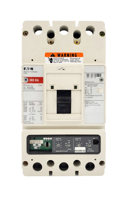 HKD3400F w/KES3250LSIG - HKD3250FT36W (RMS 310), Eaton / Cutler-Hammer HKD Frame Style, Molded Case Circuit Breaker, High Interrupting Capacity, Electronic Digitrip RMS 310, 250 Ampere Max at 40 Degree Celsius, Amperage Determined By Rating Plug, Rating Plug Not Included, Without Terminals Standard. New Surplus and Certified Reconditioned with 1 Year Warranty.