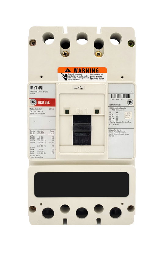 HKD3400F HKD Frame Style, Molded Case Circuit Breaker Frame, High Interrupting Capacity, Frame Only (No Trip Unit Included), 3 Pole, 600VAC @ 50/60HZ. New Surplus and Certified Reconditioned with 1 Year Warranty.