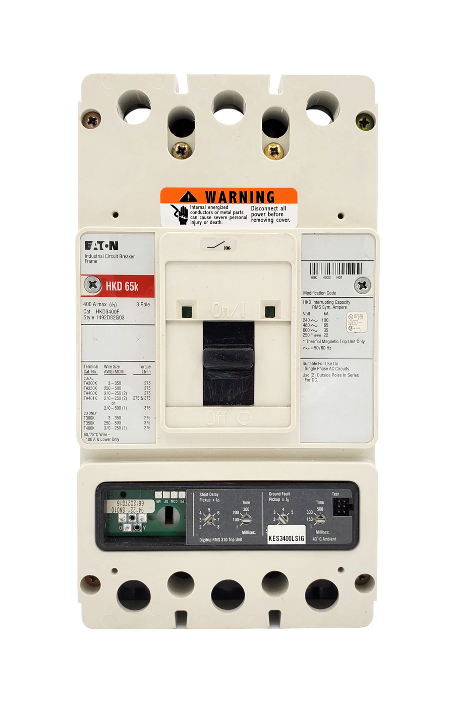 HKD3400F w/ KES3400LSIG (RMS 310) HKD Frame Style, Molded Case Circuit Breaker, High Interrupting Capacity, Electronic Digitrip RMS 310, 400 Ampere Max at 40 Degree Celsius, Amperage Determined By Rating Plug, Rating Plug Not Included. New Surplus and Certified Reconditioned with 1 Year Warranty.