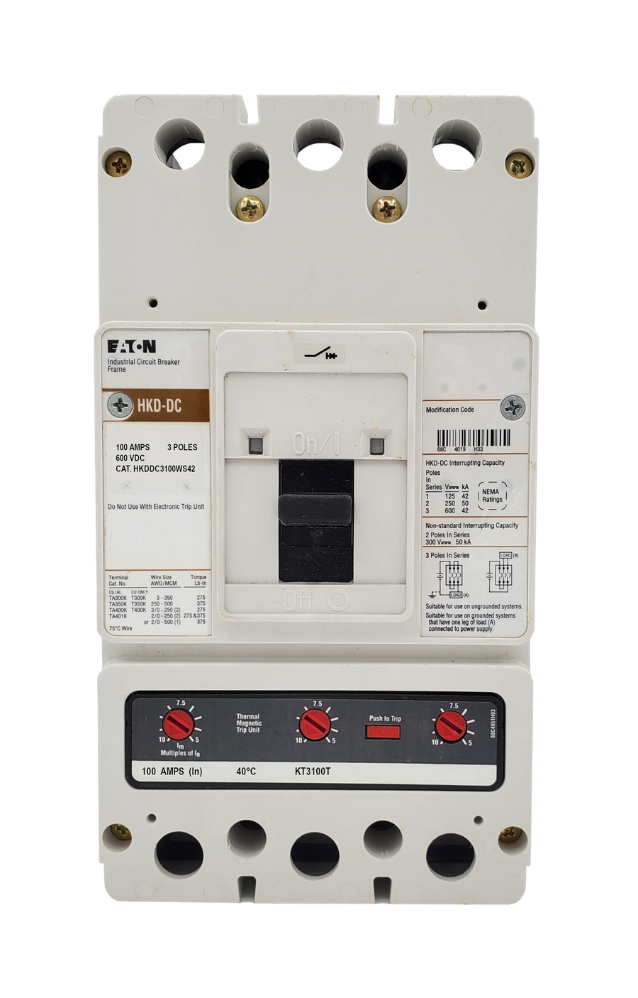 HKDDC3100WS42 HKD Frame Style, Molded Case Circuit Breaker, High Interrupting Capacity, DC Rated, Thermal Magnetic Interchangeable Trip Unit, 100 Ampere at 40 Degree Celsius, 3 Pole, 600VAC @ 50/60HZ, Without Terminals Standard. New Surplus and Certified Reconditioned with 1 Year Warranty.