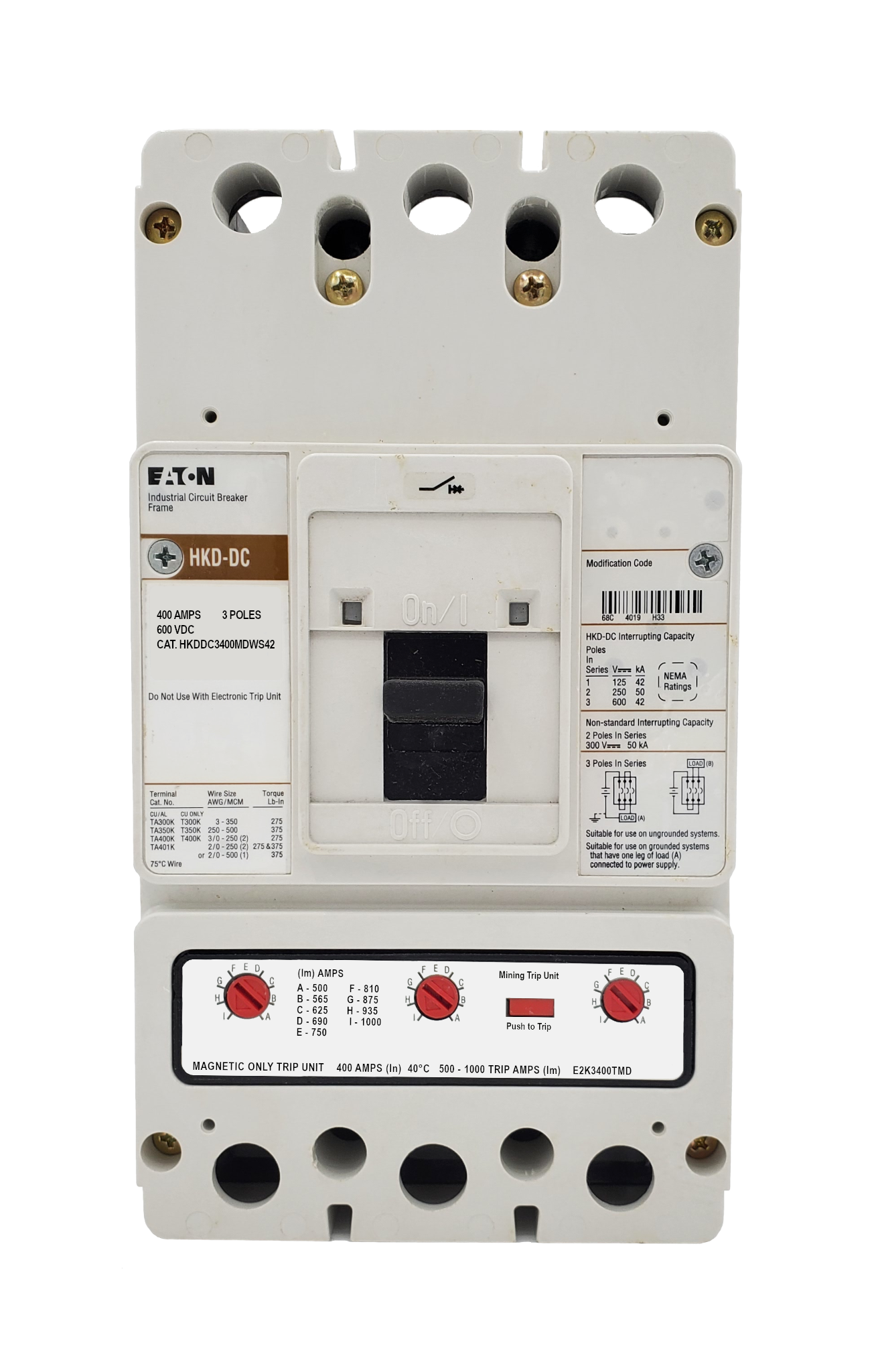 HKDDC3400MDWS42 HKD Frame Style, Molded Case Circuit Breaker, High Interrupting Capacity, DC Rated, Magnetic Only Interchangeable Trip Unit, 400 Ampere at 40 Degree Celsius, 3 Pole, 600VAC @ 50/60HZ. New Surplus and Certified Reconditioned with 1 Year Warranty.