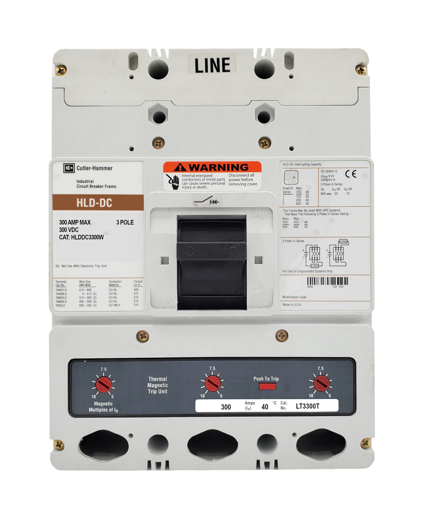 HLDDC3300W, HLD Frame Style, Molded Case Circuit Breaker, High Interrupting Capacity, DC Rated, Thermal Magnetic Interchangeable Trip Unit, 300 Ampere at 40 Degree Celsius, 3 Pole, 600VAC @ 50/60HZ, Without Terminals Standard.